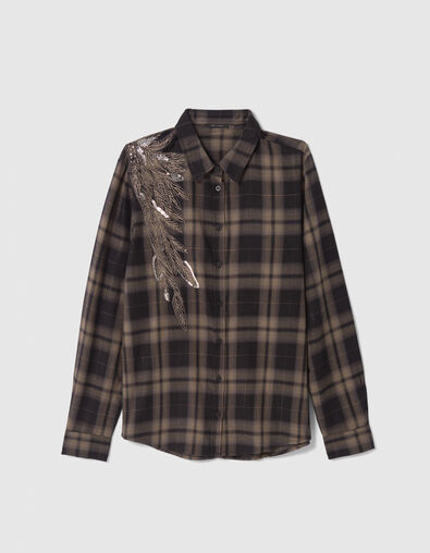 Khaki Damenbluse mit Karos und Perlenbesatz - IKKS