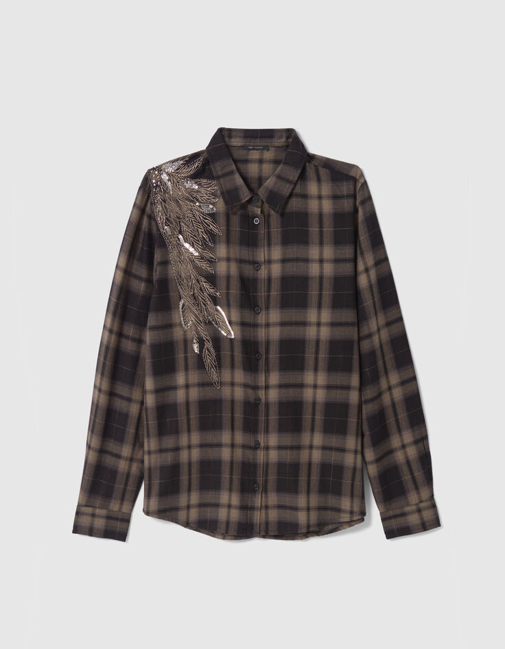 Khaki Damenbluse mit Karos und Perlenbesatz-1