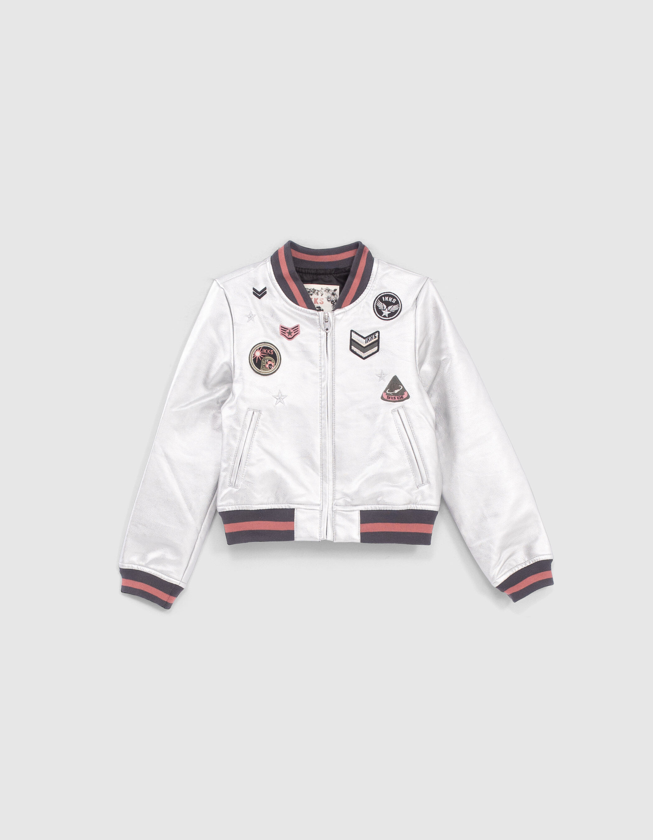 Girls silver bomber jacket with badges striped ribbing IKKS