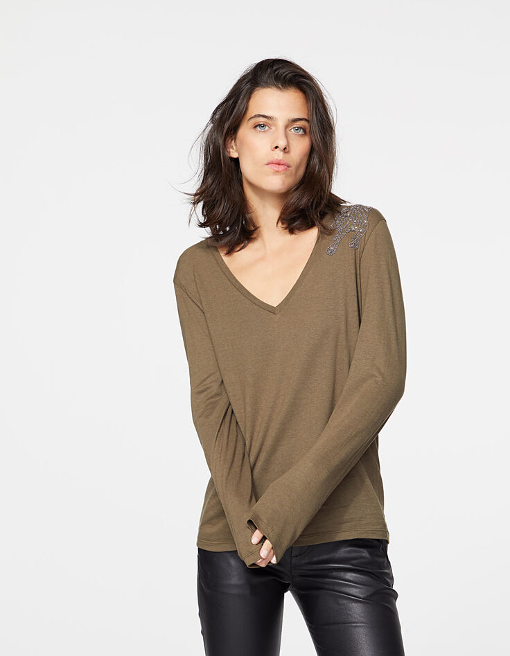 Women’s khaki embroidered shoulder long-sleeve T-shirt-2
