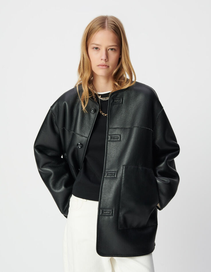 Cremefarbener Sherpa und schwarzer Damen-Wendemantel-6