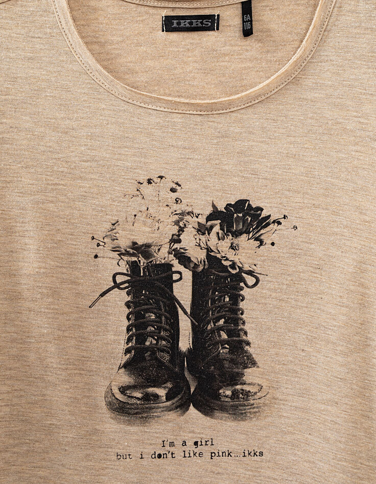 Tee-shirt beige moyen visuel boots et fleurs fille-2 Tee-shirt beige moyen visuel boots et fleurs fille-2