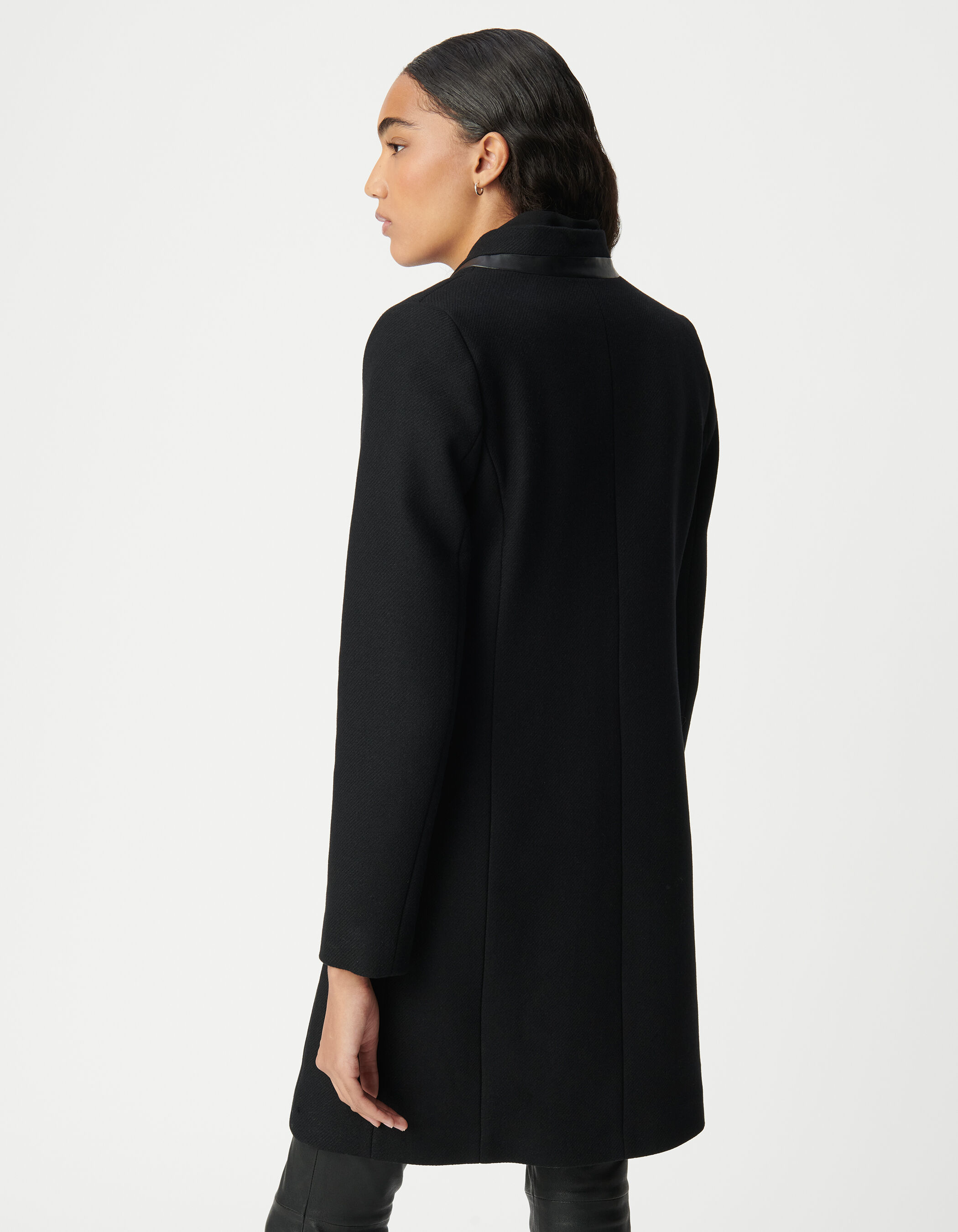 Manteau mi long noir double col enduit femme