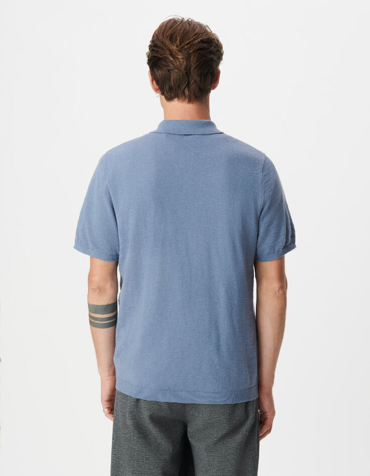 Blaues geflammtes Baumwoll-Poloshirt mit kurzen &Auml;rmeln-4