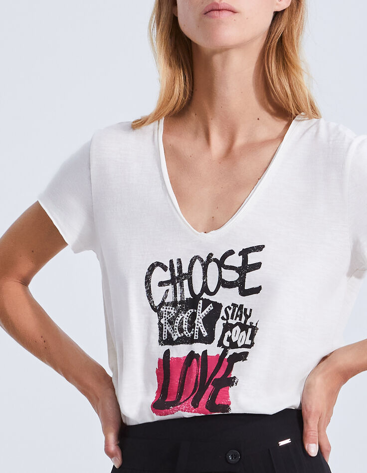 Tee-shirt écru coton bio à message clouté Femme-4