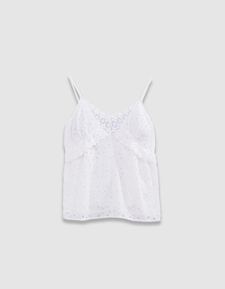 Witte caracotop, schouderbandjes broderie anglaise Dames-5