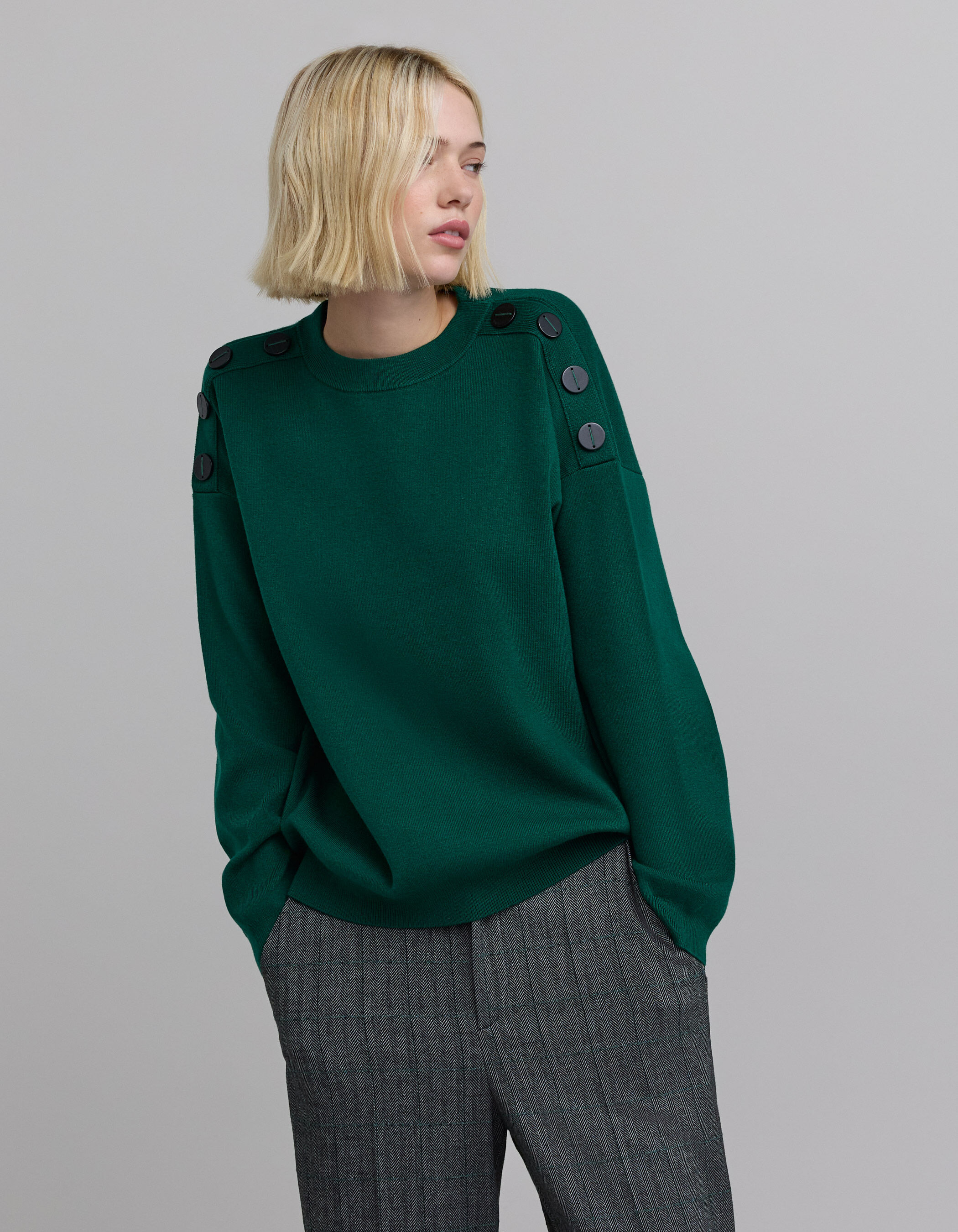Pull vert tricot decor boutons epaules Femme IKKS