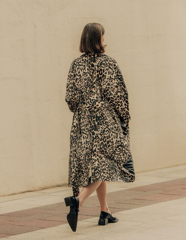 Trench long en jean marron &agrave; motif l&eacute;opard Femme-2