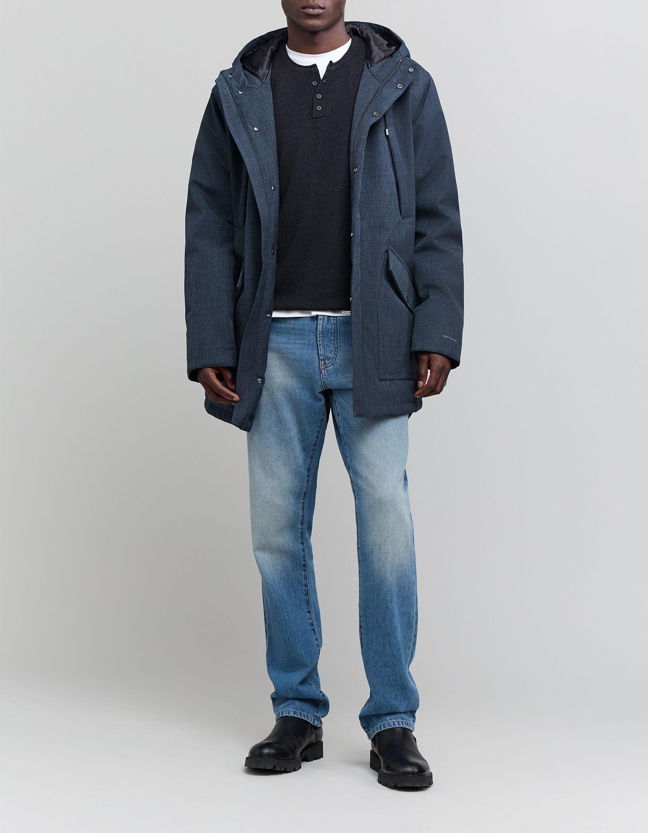 Men's denim-effect quilted indigo parka