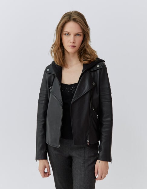 Women’s black leather biker-style jacket, zipped facing