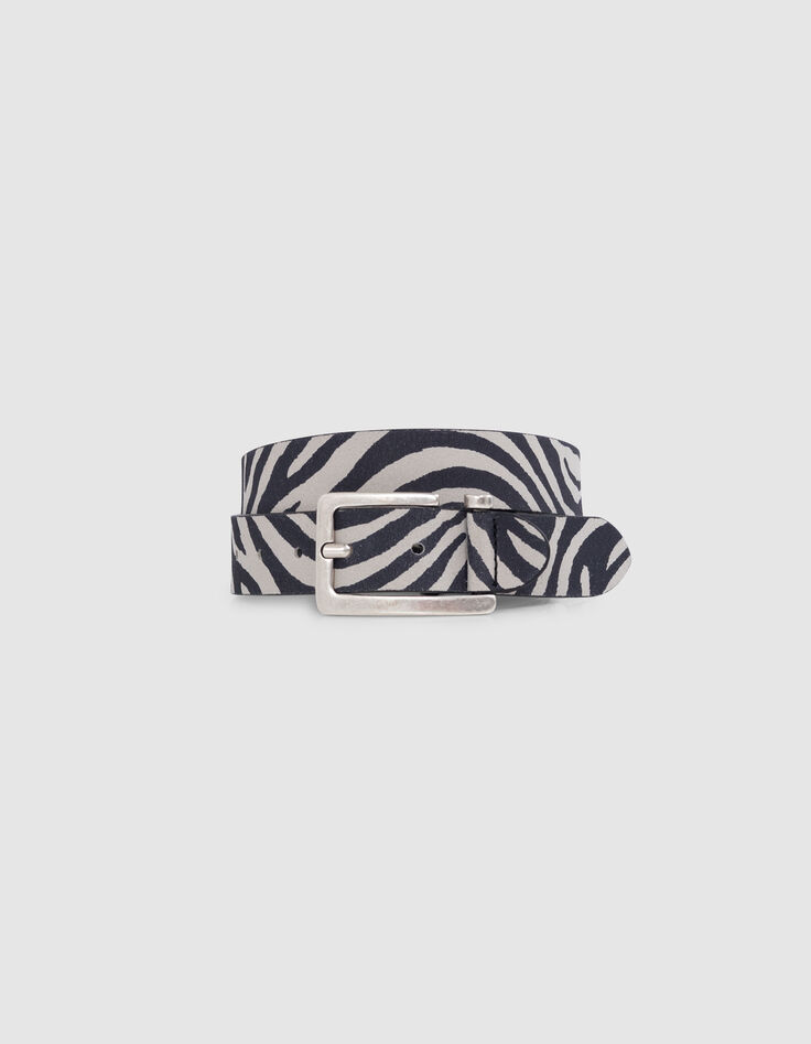 Women's unbleached leather belt with zebra pattern and open buckle-1