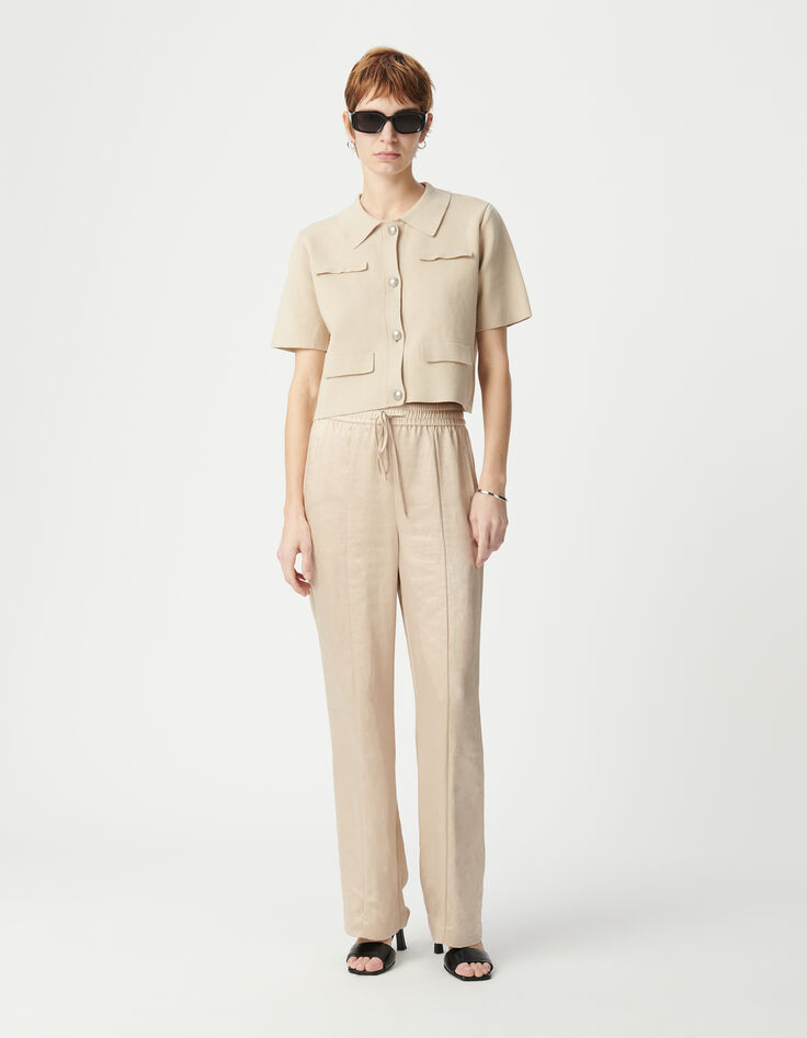Pantalón ancho Mujer de poliéster reciclado beige con cintura elástica-2