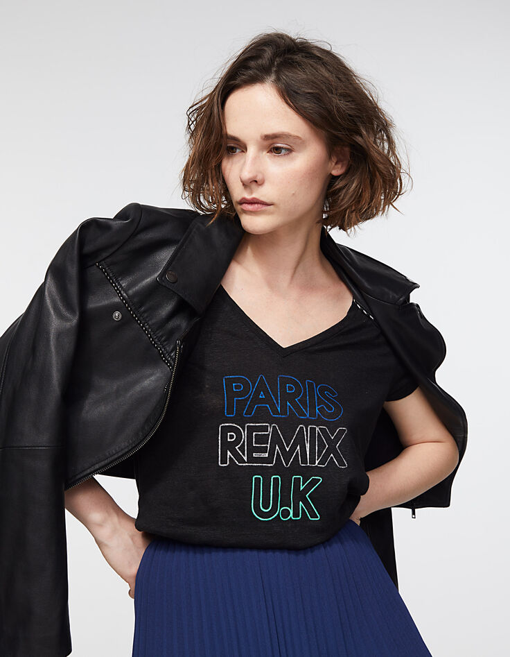 Tee-shirt col V en lin visuel "Paris Remix UK" femme-1