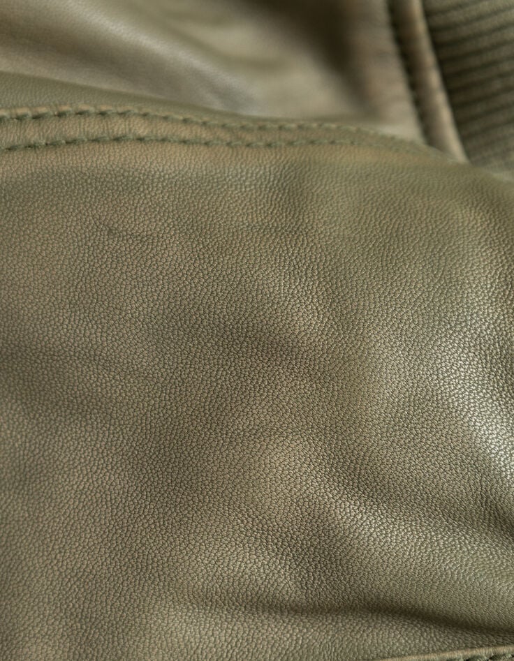 Khaki kurze verwaschene Damenlederjacke-6