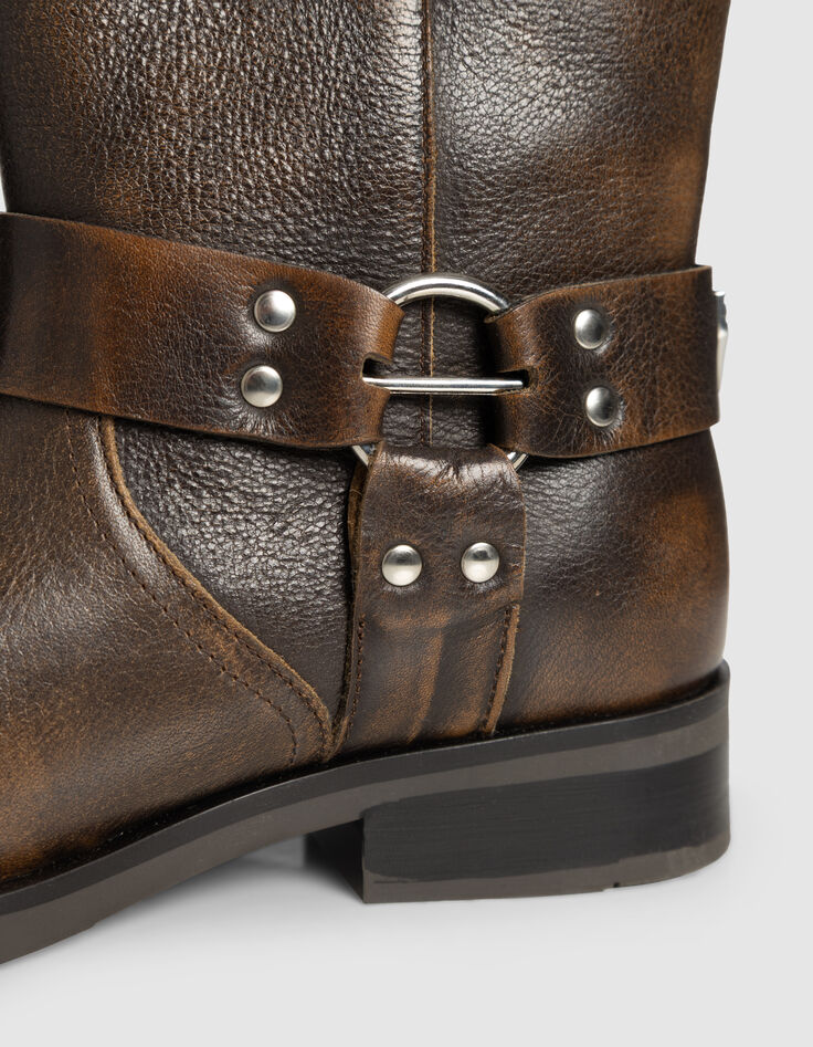 Braune Damenbikerstiefeletten Veloursleder 3 Schnallen-6
