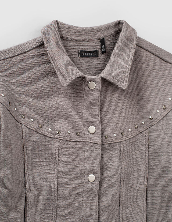 Leinengraue Mädchenstrickjacke mit Nieten-2