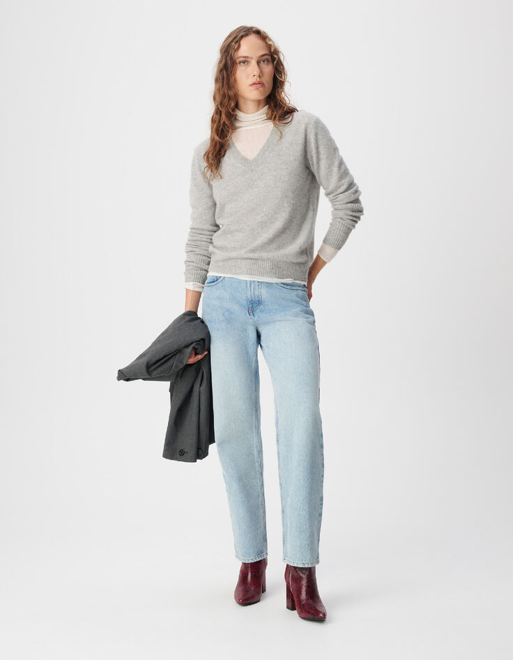 Pull col V gris tricot 100% cachemire Femme-2
