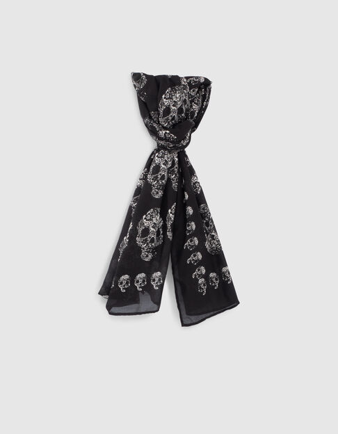 Women’s black recycled polyester fine scarf with skulls