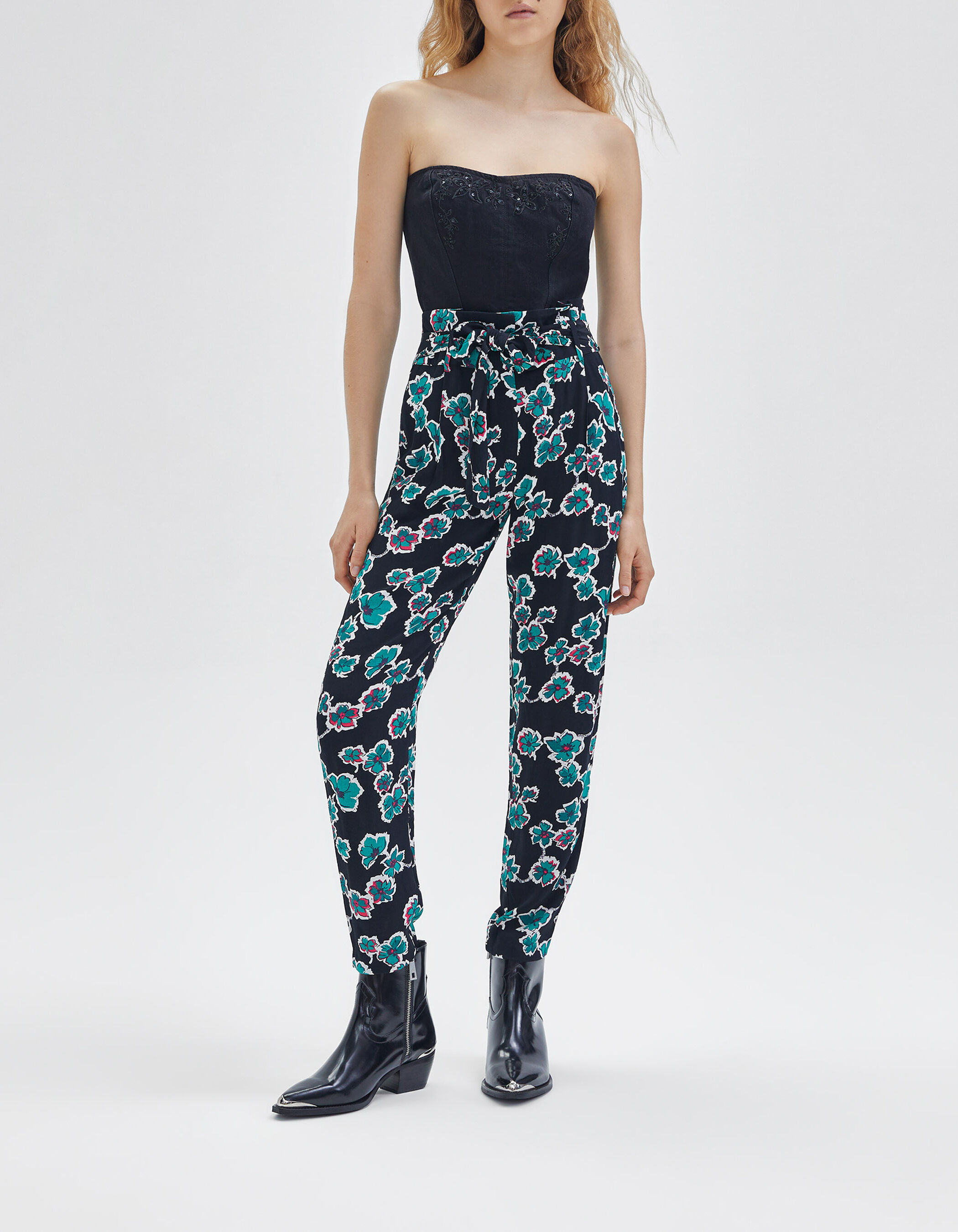 Pantalon fluide noire maxi floral ceintur Femme