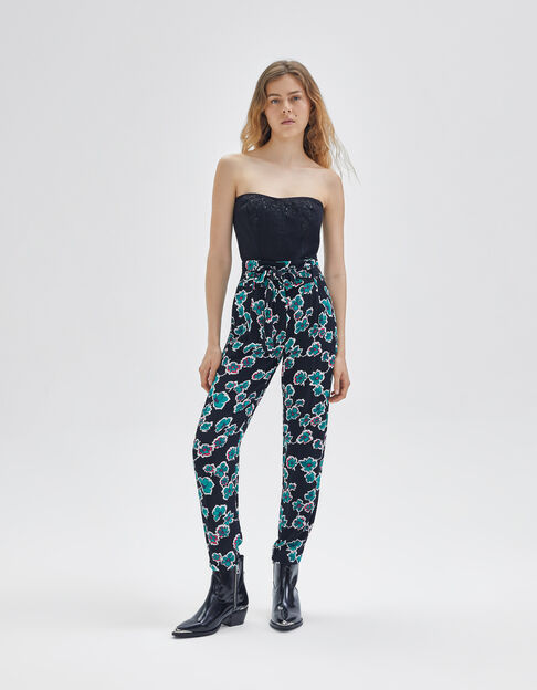 Women’s black XL floral flowing belted trousers