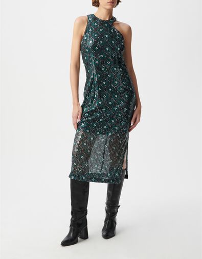 Robe midi noire imprimé géométrique brodée sequins Femme - IKKS