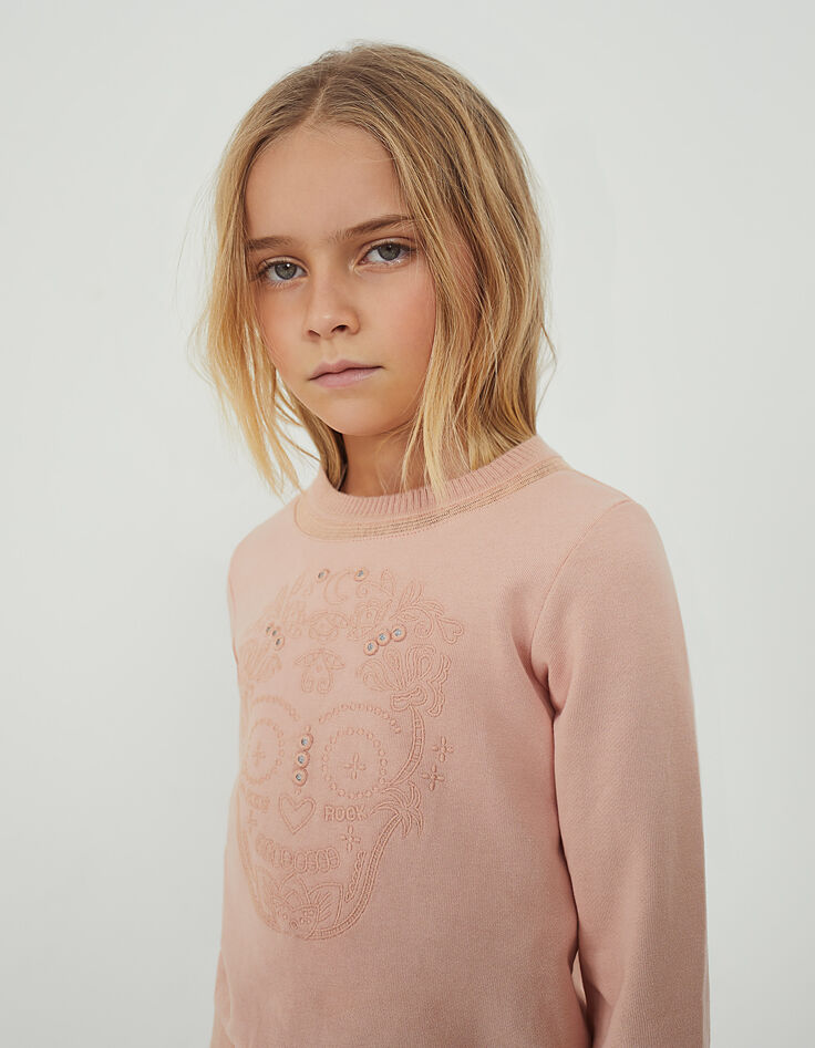 Baby girls' powder pink embroidered skull sweatshirt-1 Baby girls' powder pink embroidered skull sweatshirt-1