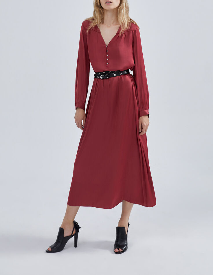 Langes, kamelienfarbenes Damenkleid aus Polyesterjaponais-1