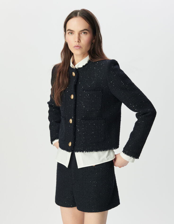Chaqueta corta azul marino tweed lentejuelas mujer-2
