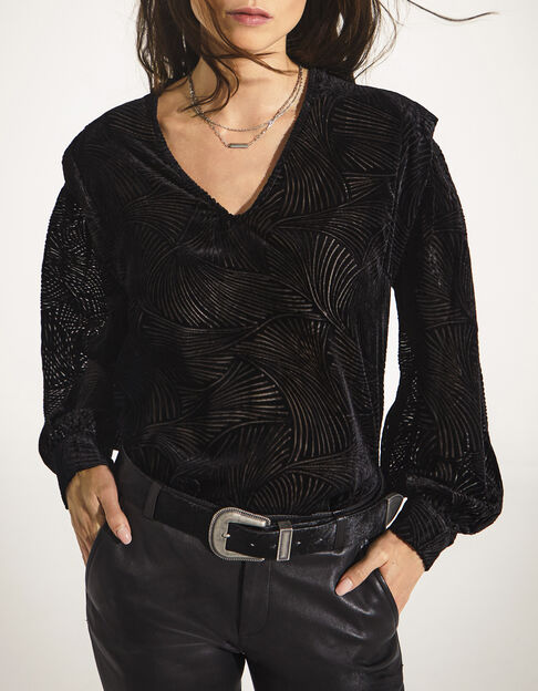 Women’s black velvet zebra blouse with shoulder pleats