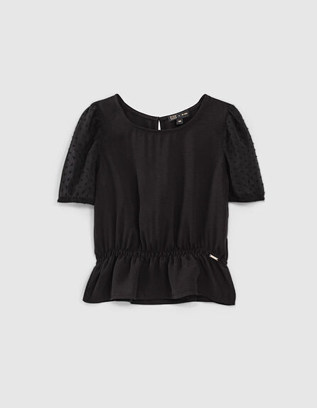 Girls’ black blouse with dotted Swiss sleeves