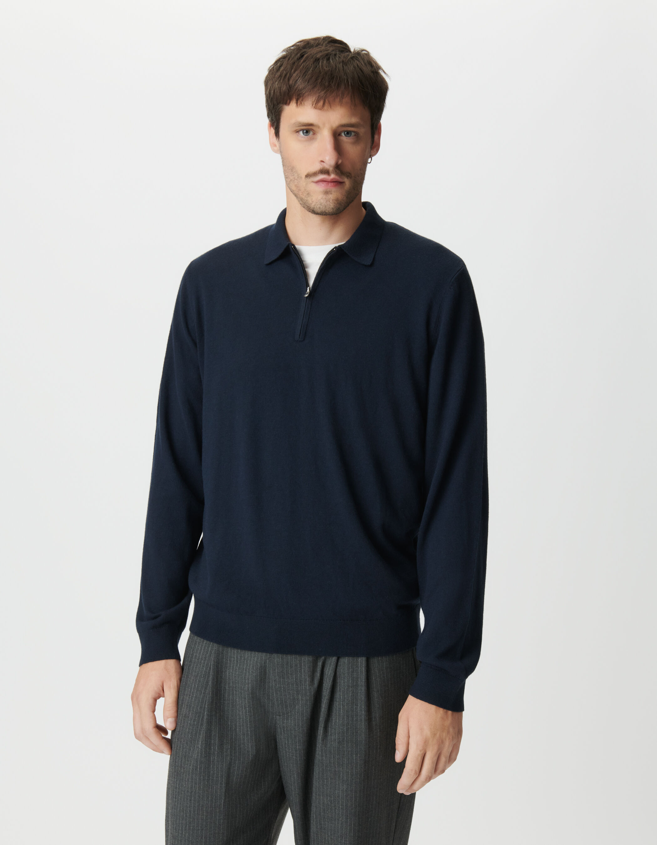 YAECA PARK｜24SS Long Sleeve Polo（Navy・L） Men's navy blue long-sleeved polo shirt with zip fastening