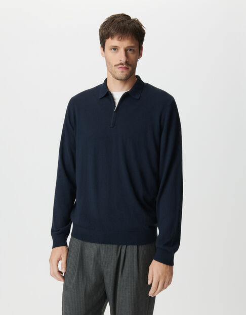 Men's navy blue long-sleeved polo shirt with zip fastening - IKKS