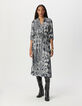 Women's grey blue satin long dress with scarf print-1