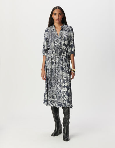 Women's grey blue satin long dress with scarf print - IKKS