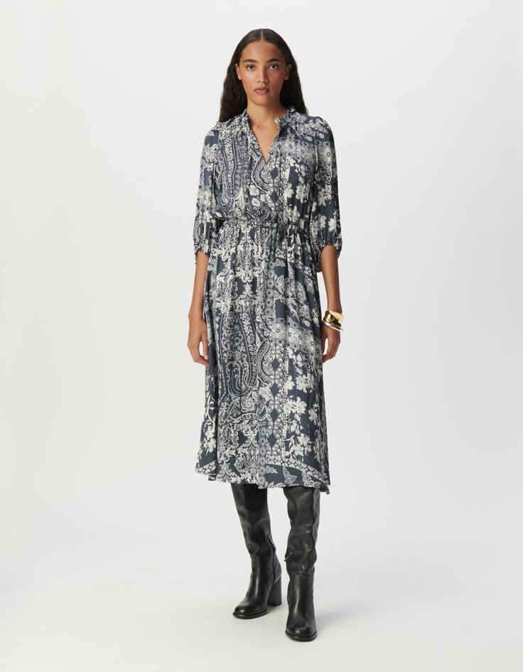 Women's grey blue satin long dress with scarf print-1