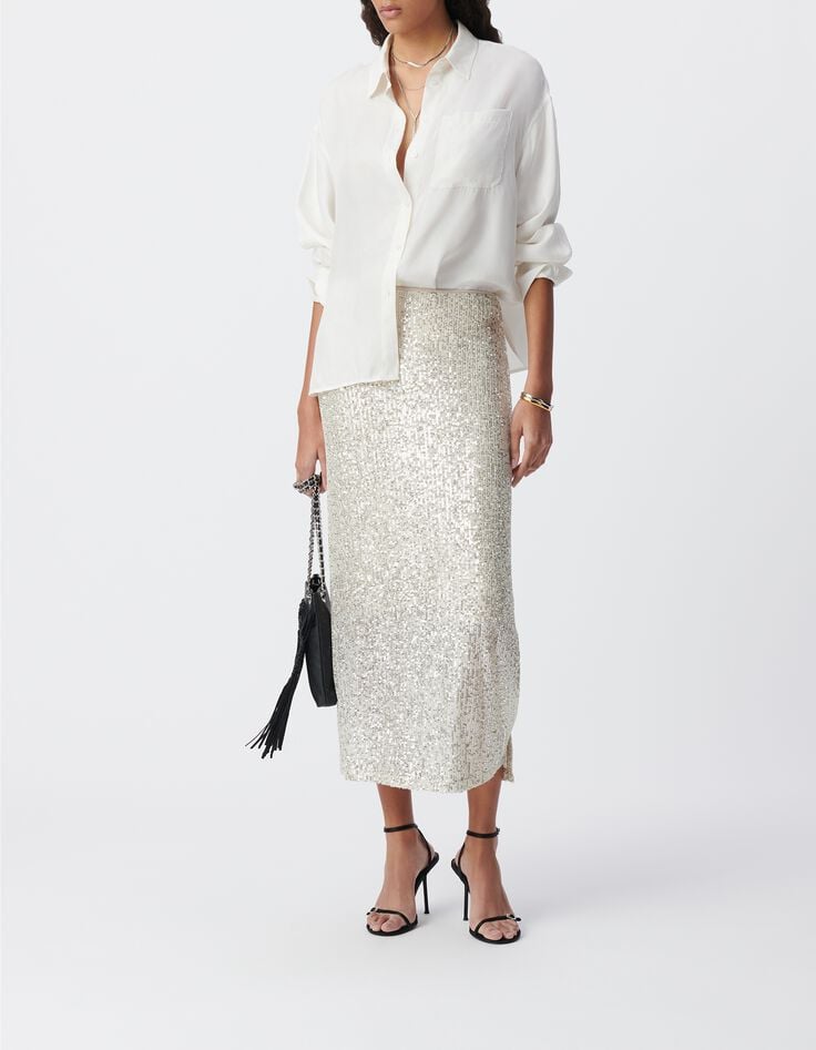 Jupe midi argent&eacute;e brod&eacute;e sequins Femme-1