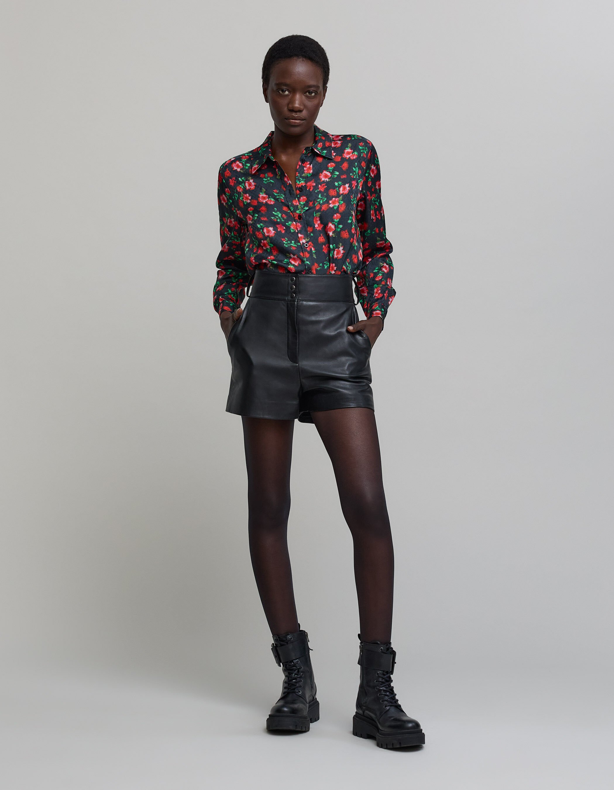 Women's flower pixel print black shirt