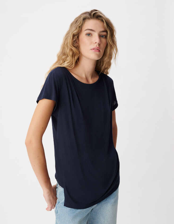 Tee-shirt marine fronces &eacute;paule et c&ocirc;t&eacute; Femme-4