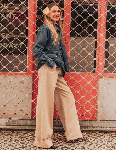 Mujer vaqueros beige de talle alto y pierna ancha - IKKS