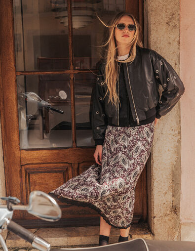 Bomber court noir cuir d&eacute;cor maxi oeillets Femme - IKKS