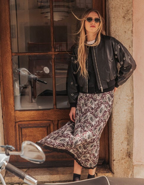 Bomber court noir cuir d&eacute;cor maxi oeillets Femme - IKKS