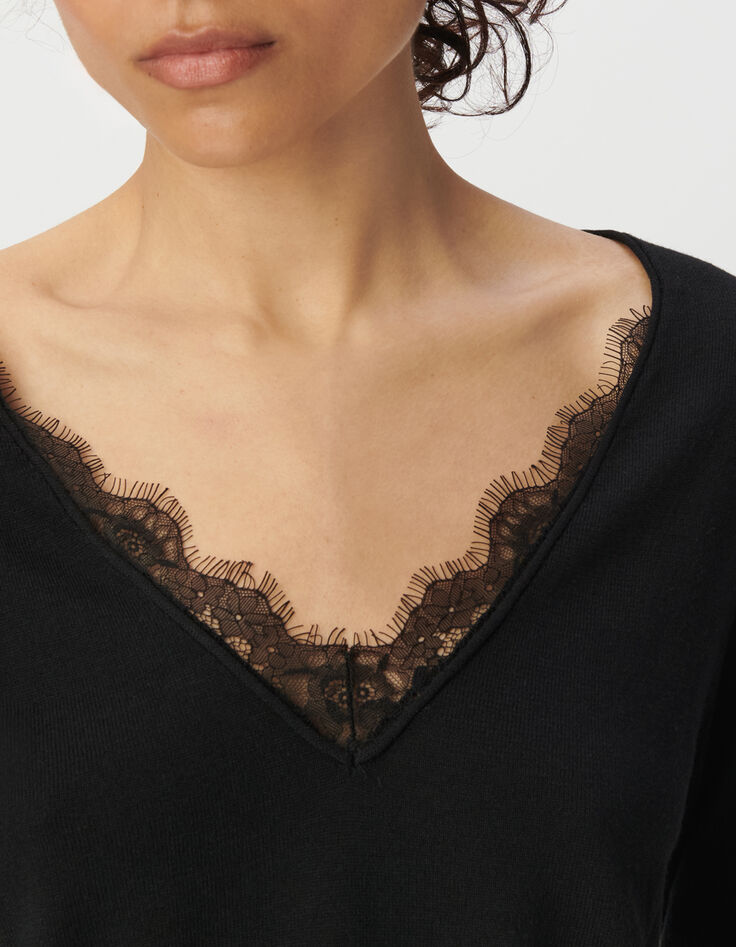 Schwarzer Damenpullover mit V-Ausschnitt und Spitze-4