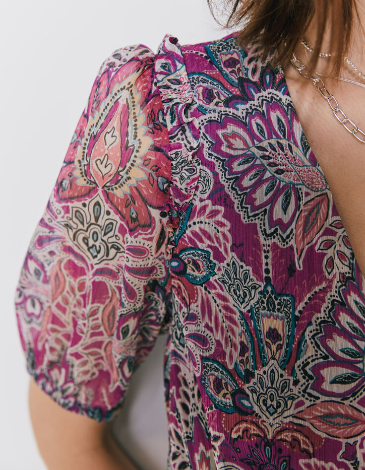 Robe courte en voile fuchsia imprimé bandana floral femme-4 Robe courte en voile fuchsia imprimé bandana floral femme-4