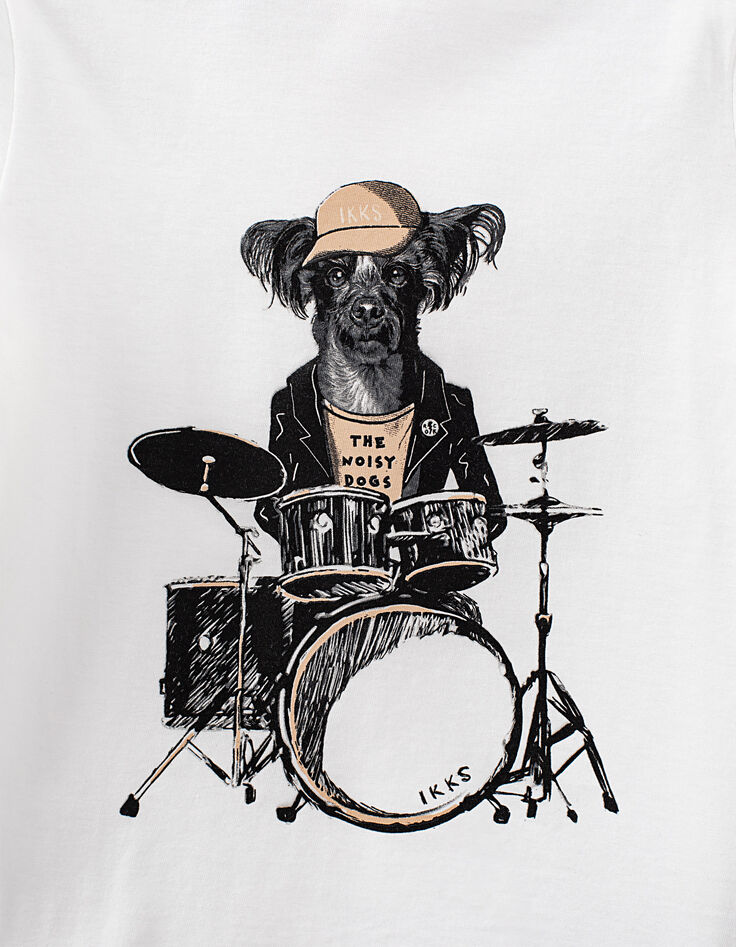 T-shirt blanc cassé bio à visuel chien-batteur garçon -2