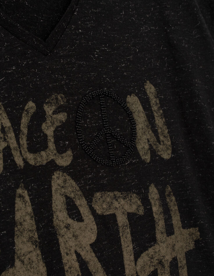 Tee-shirt loose noir pailleté à message et broderie Femme-2
