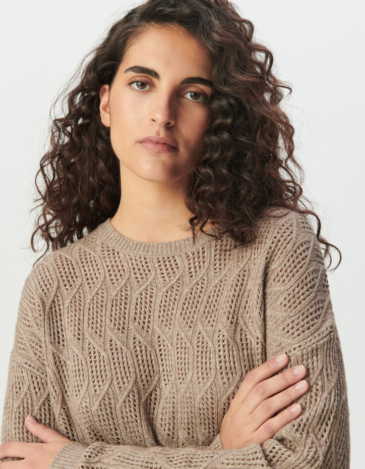 Beiger Damen-Strickpulli Lochmuster-4