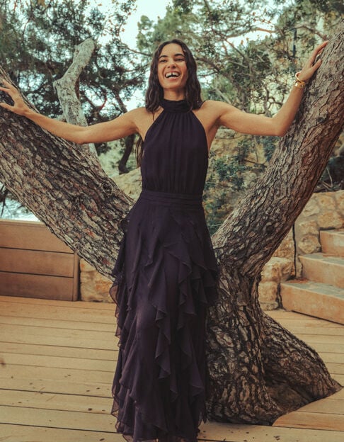Velvety burgundy long dress with ruffles Women - IKKS