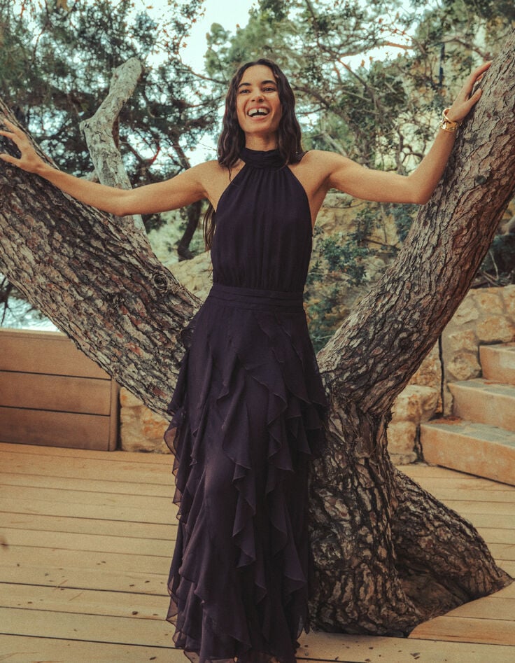 Velvety burgundy long dress with ruffles Women-2