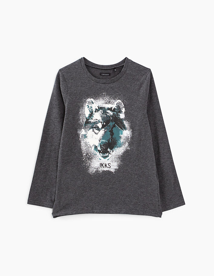 Boys’ anthracite grey marl wolf head T-shirt - IKKS
