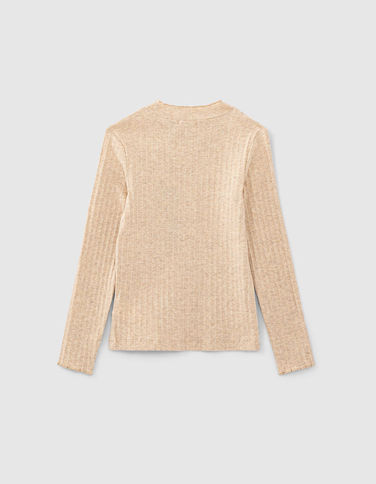 Girls’ sand marl ribbed funnel-neck T-shirt-3
